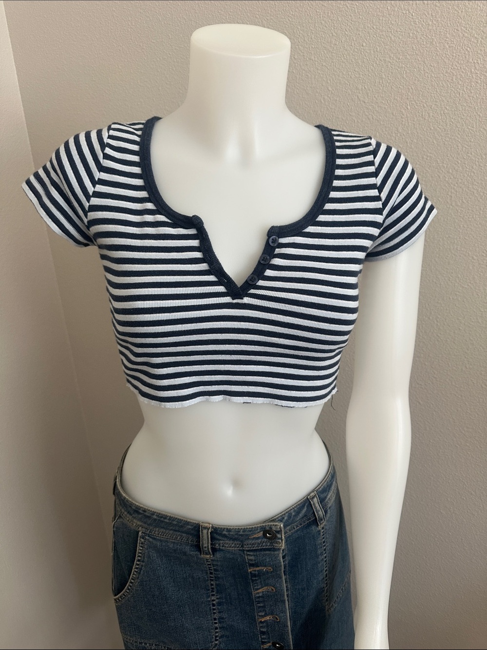 Brandy Melville Navy & White Striped Cropped Henley Top